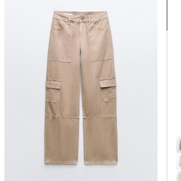 NWT ZARA MID RISE CARGO PANTS LIGHT BROWN - Picture 1 of 4